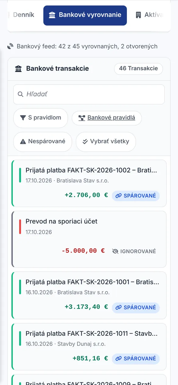 Mobilná aplikácia Bidmio – Párovanie platieb: Platby z banky sa spárujú s faktúrami.