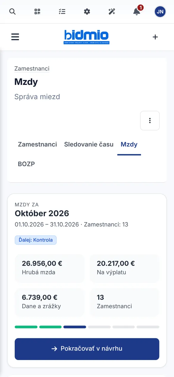 Mobilná aplikácia Bidmio – Mzdy: Mzdové obdobie s hrubou mzdou, výplatou a odvodmi.
