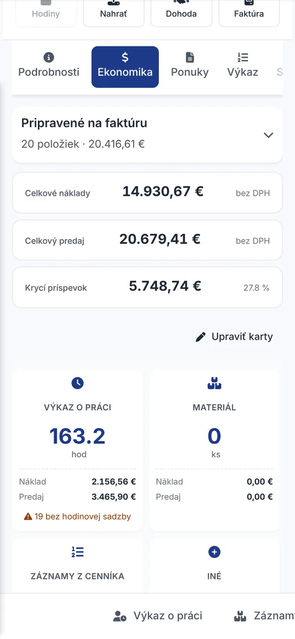 Mobilná aplikácia Bidmio – Ekonomika zákazky: Náklady, predaj a krycí príspevok z hodín, materiálu a dopravy.