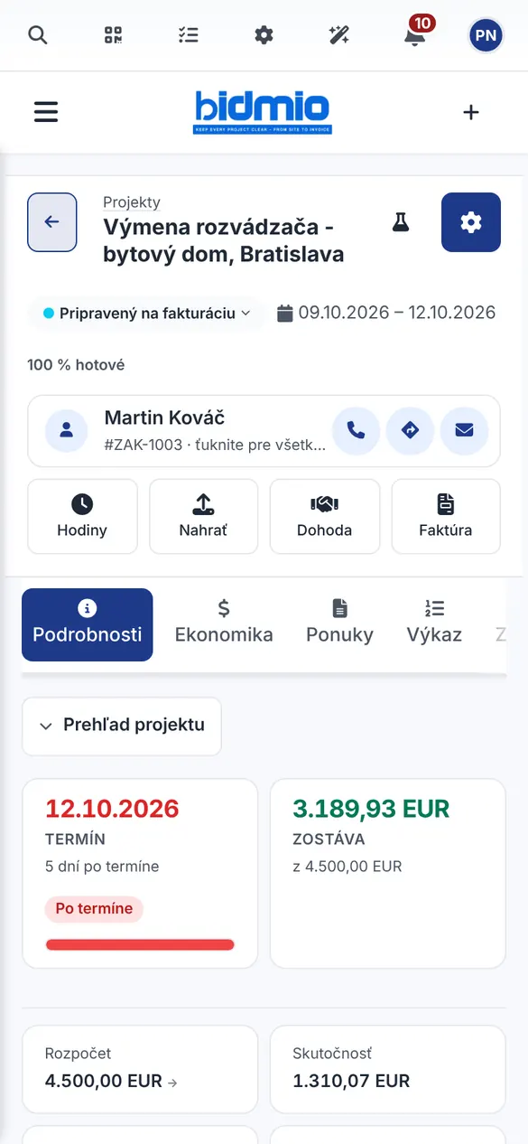 Detail zákazky Výmena rozvádzača v mobilnej aplikácii Bidmio pre elektrikárov