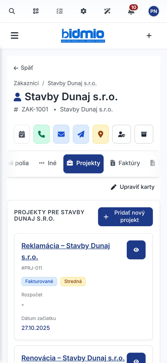 Karta zákazníka so zoznamom zákaziek elektrikára v mobile