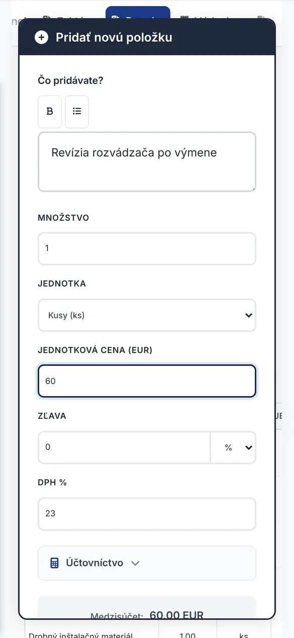 Pridanie položky do cenovej ponuky na elektroinštaláciu v mobile