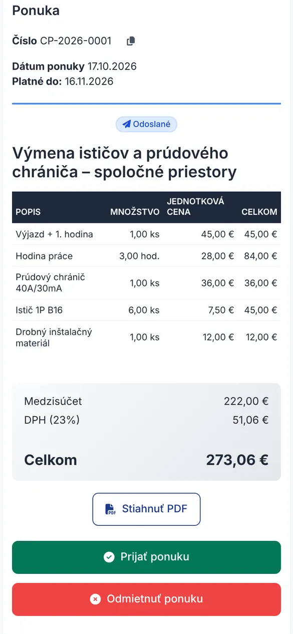 Zákaznícky portál s cenovou ponukou na výmenu ističov a tlačidlom Prijať ponuku