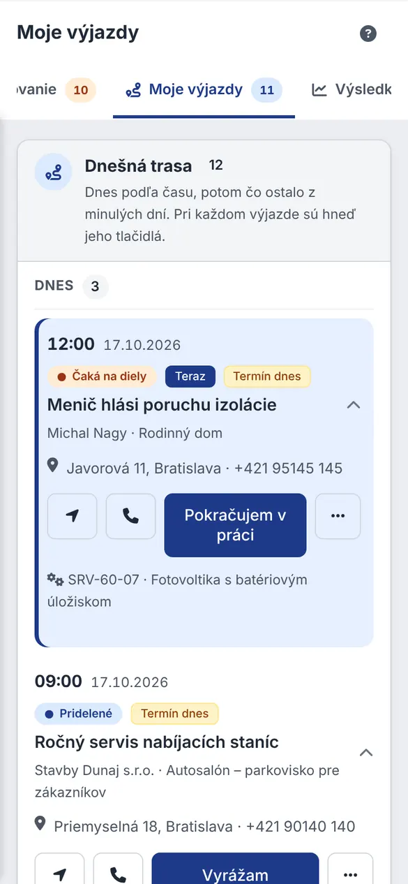 Dnešná trasa výjazdov elektrikára s adresami a stavom v mobile