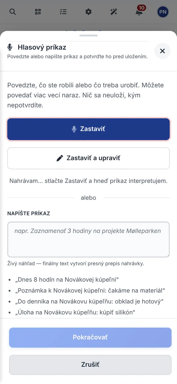 Hlasový zápis hodín a práce elektrikára v mobilnej aplikácii Bidmio