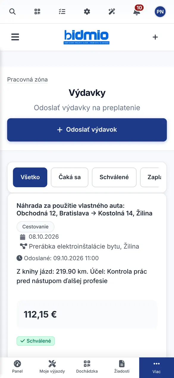 Zoznam výdavkov a bločkov priradených k zákazke elektrikára