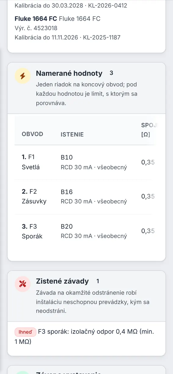 Namerané hodnoty okruhov v revíznej správe elektroinštalácie v mobile