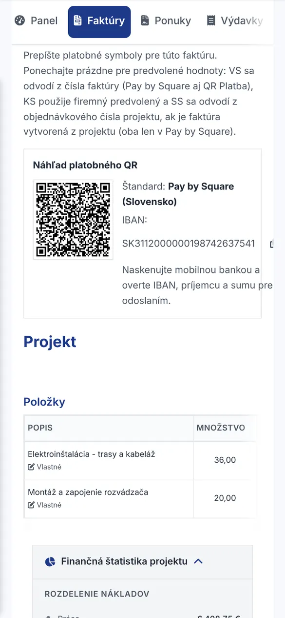 Faktúra elektrikára s QR kódom Pay by Square na úhradu