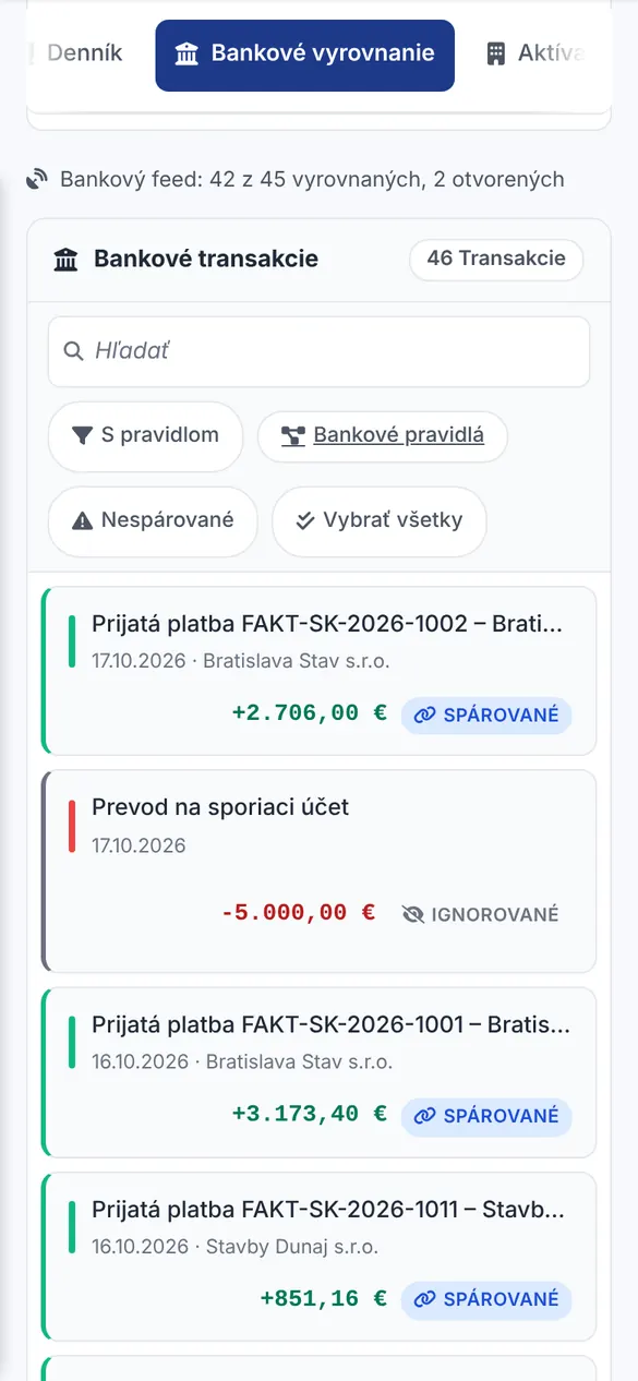Bankové vyrovnanie: platby spárované s faktúrami elektrikára