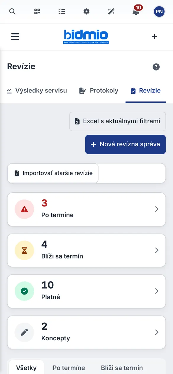 Register revízií s revíziami po termíne a blížiacimi sa termínmi