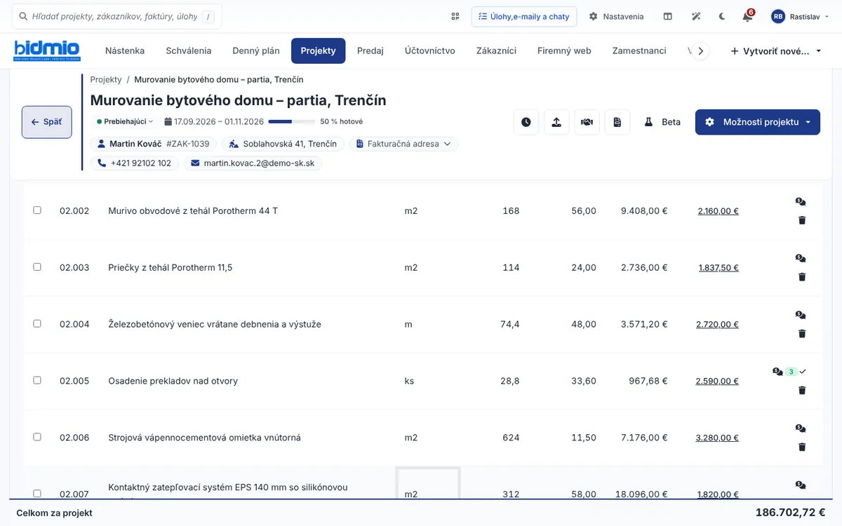 Výkaz výmer hrubej stavby s obvodovým murivom, priečkami, vencom, prekladmi a omietkou