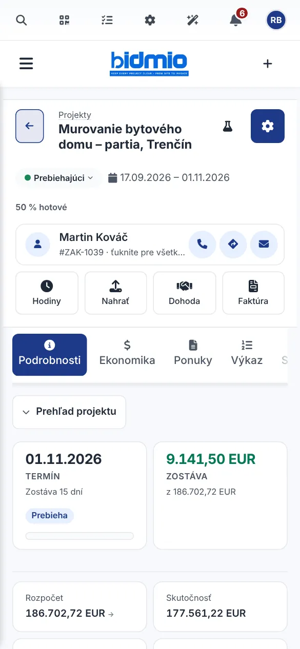 Zákazka Murovanie bytového domu v Trenčíne v mobilnej aplikácii Bidmio s termínom a rozpočtom