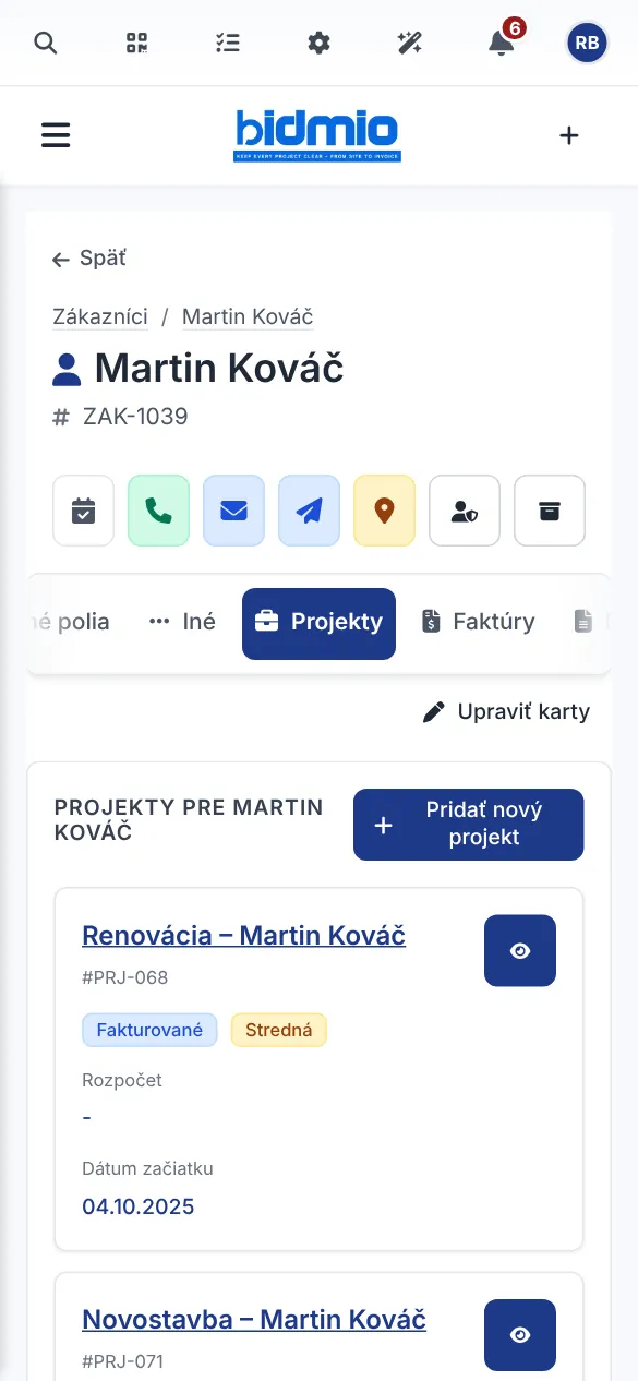 Karta investora Martin Kováč so zoznamom murárskych zákaziek v mobile