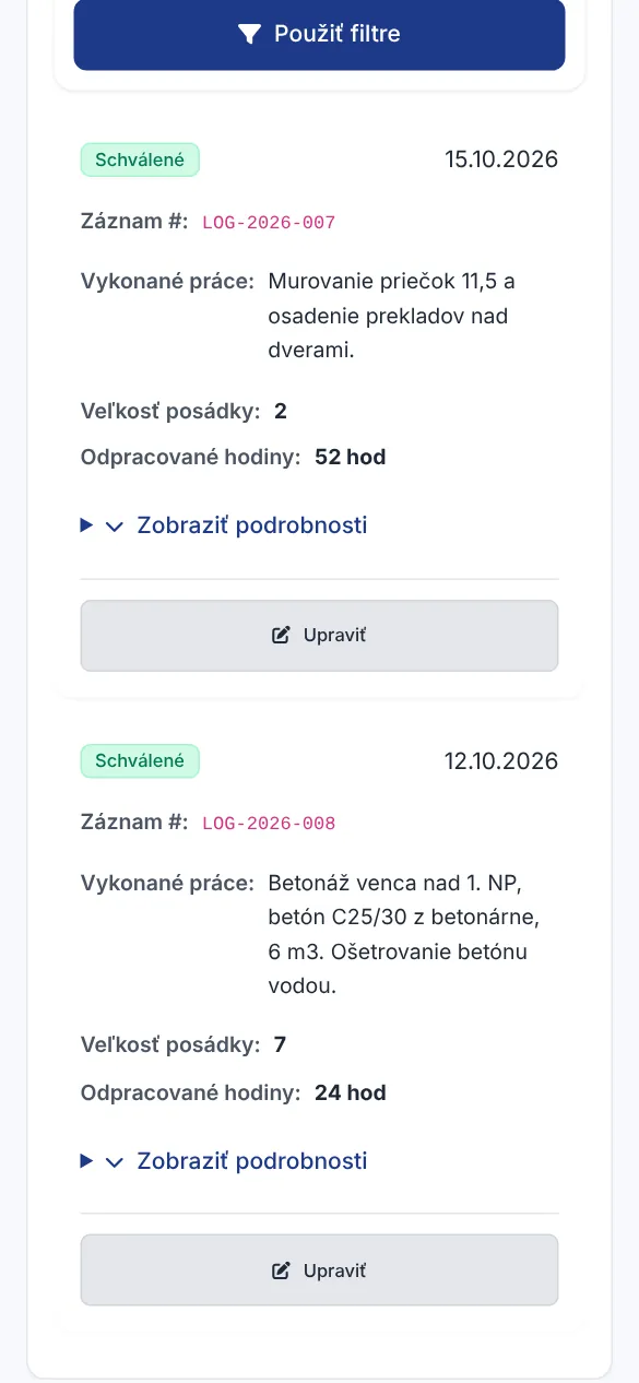 Zápisy stavebného denníka o murovaní priečok a betonáži venca nad prvým podlažím
