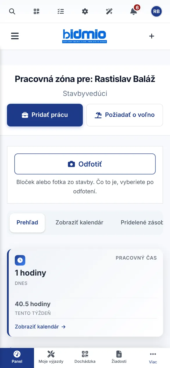 Pracovná zóna murára s tlačidlami Pridať prácu a Odfotiť bloček