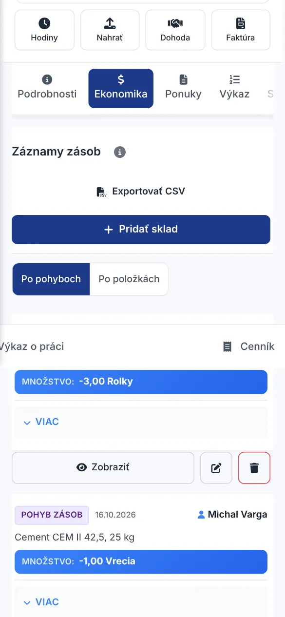 Záznamy zásob murára: priečkovky, cement a asfaltový pás vydané na stavbu