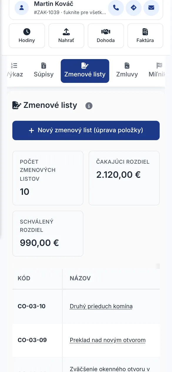 Zoznam zmenových listov na viacpráce so sumami čakajúcimi na schválenie