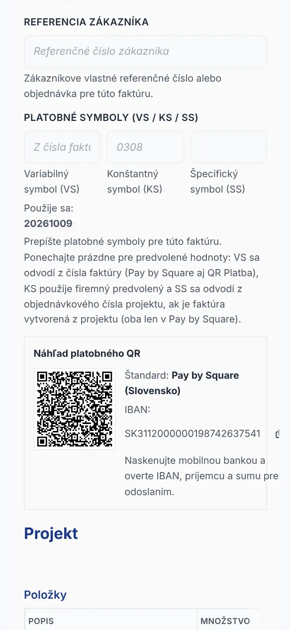 Faktúra murárskej firmy s QR kódom Pay by Square na úhradu
