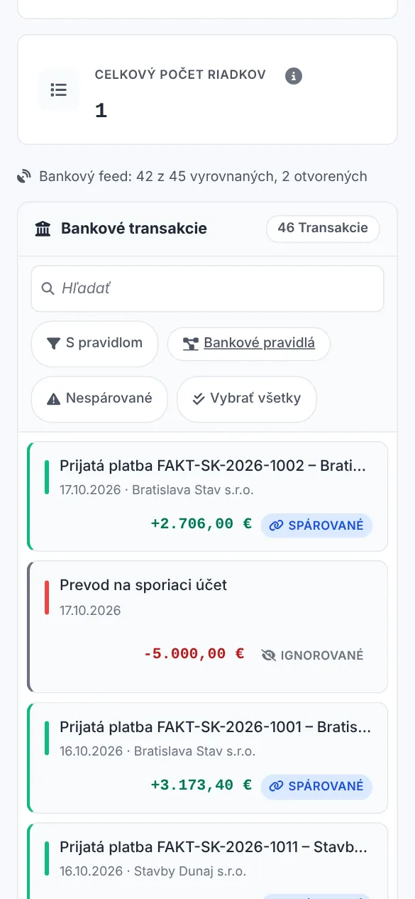 Bankové vyrovnanie so spárovanými platbami za murárske práce