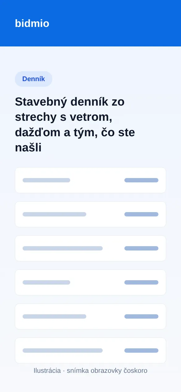 Stavebný denník strechy s fóliou, vymenenými krokvami, ľuďmi, hodinami a vetrom